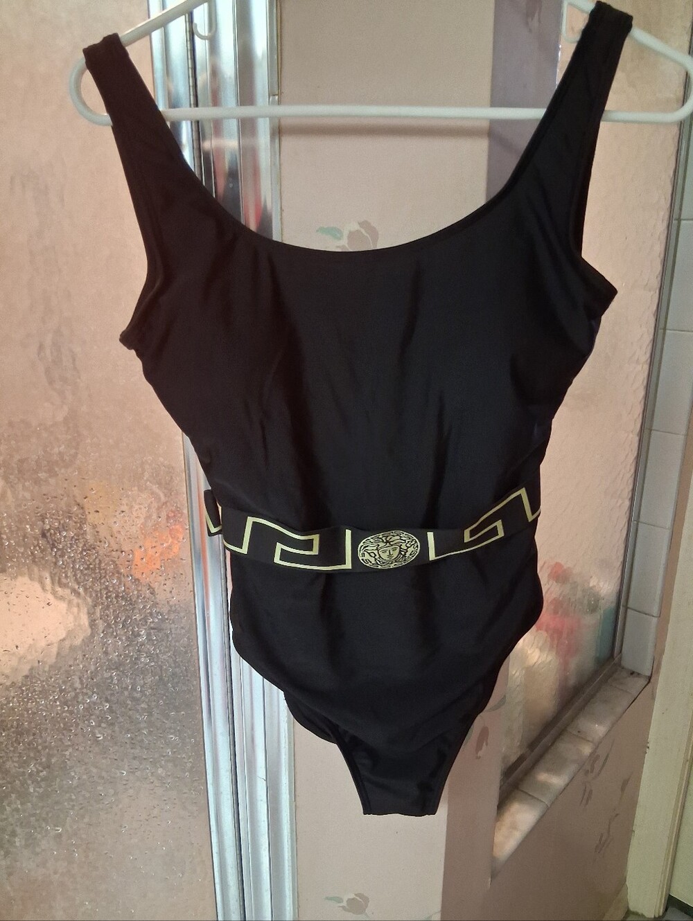 Versace Black Greek Key Belt One Piece Swimsuit Large 42